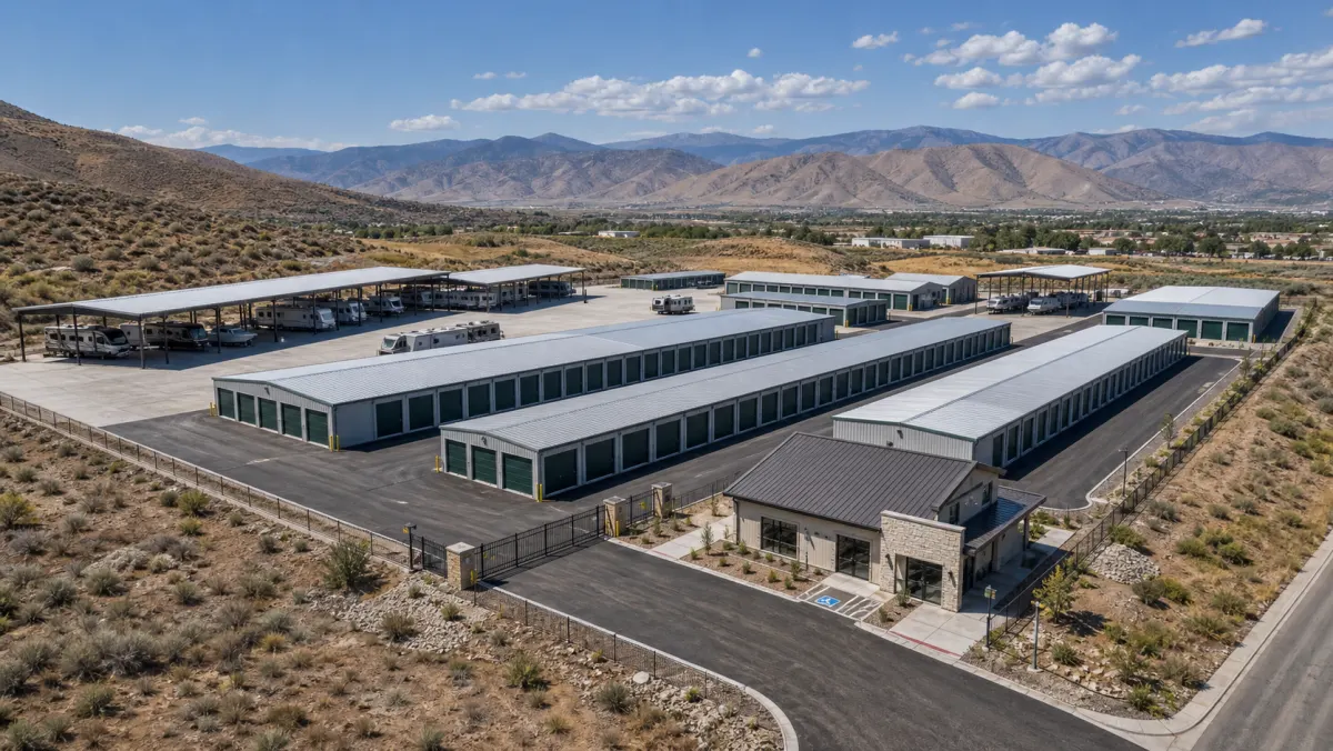 A modern self-storage facility with drive aisles, storage buildings, and covered vehicle storage areas.