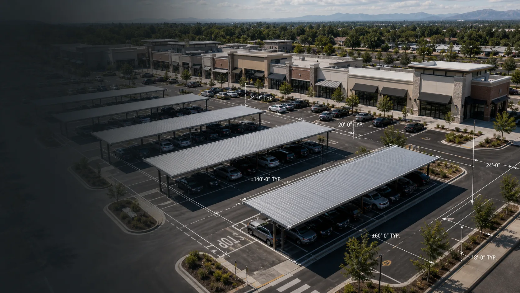 A shopping center parking lot with commercial carport canopy rows, storefront access, and site planning dimension marks.