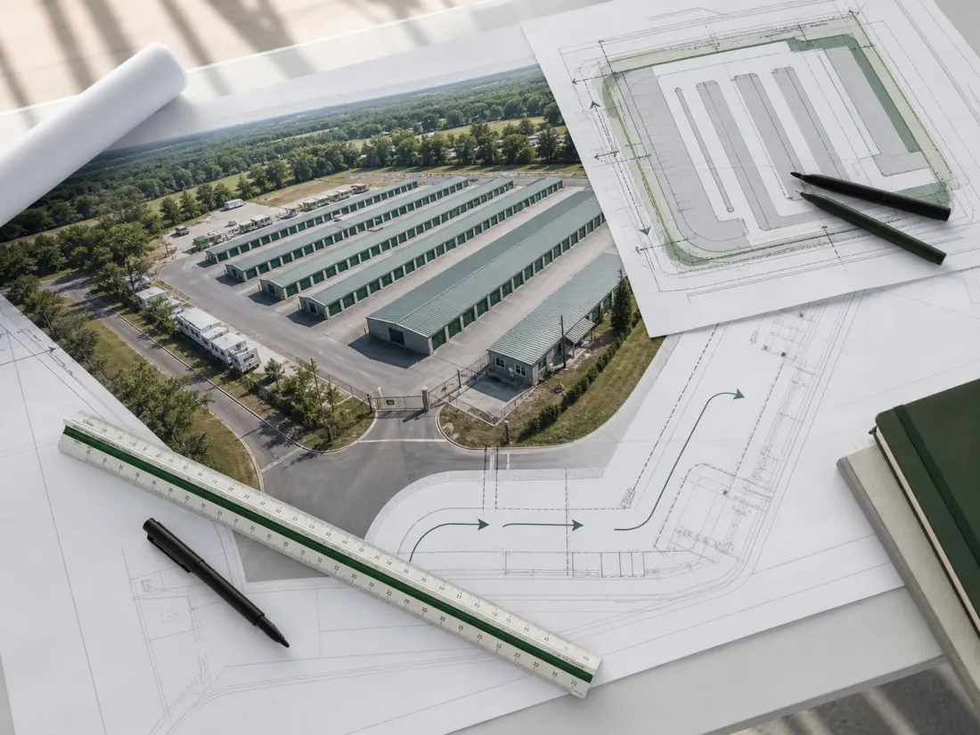 A self-storage site layout review with plans, aerial imagery, and circulation markings.