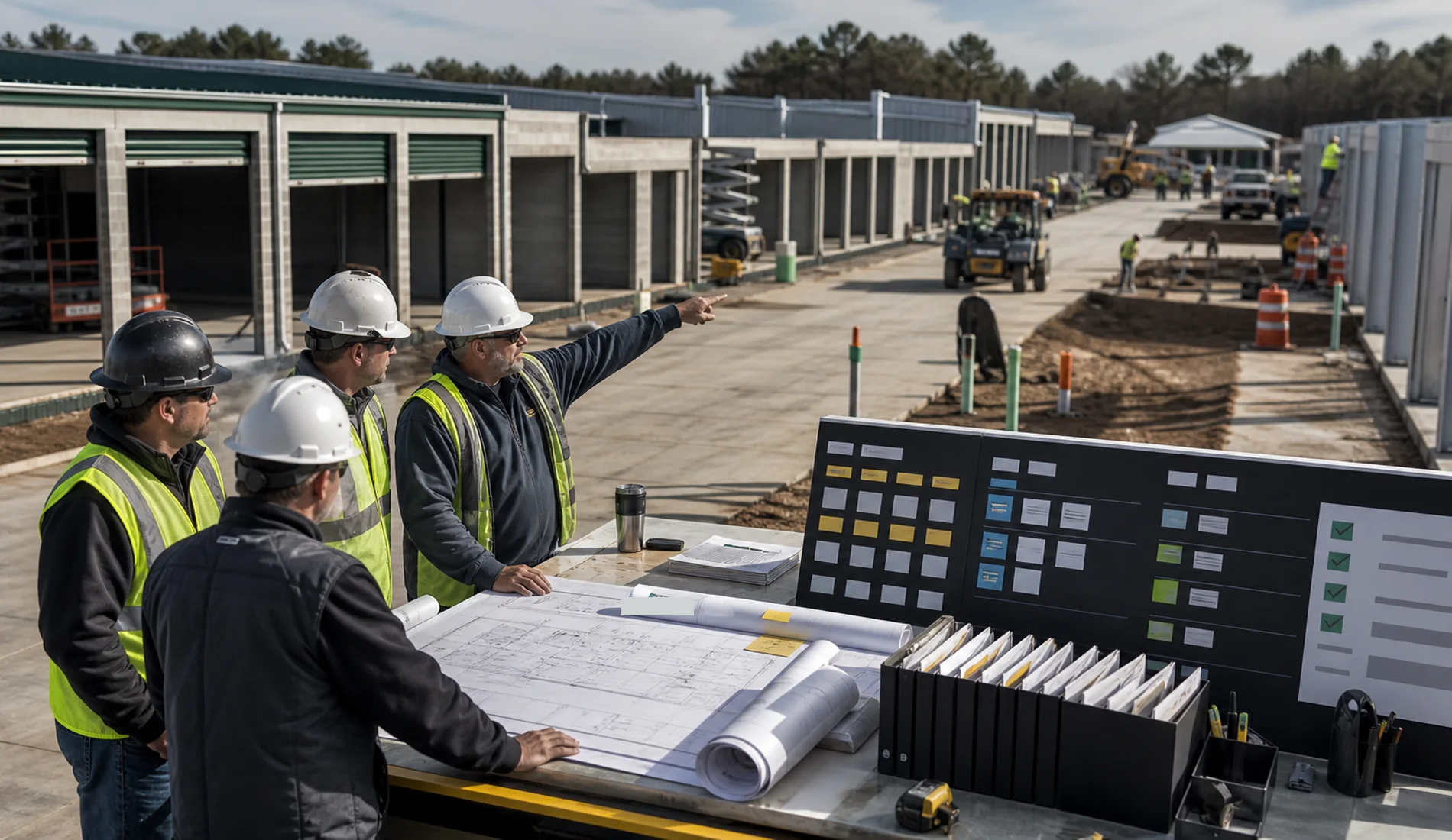 Self-storage construction site management with field team, plans, schedule, and closeout tracking.